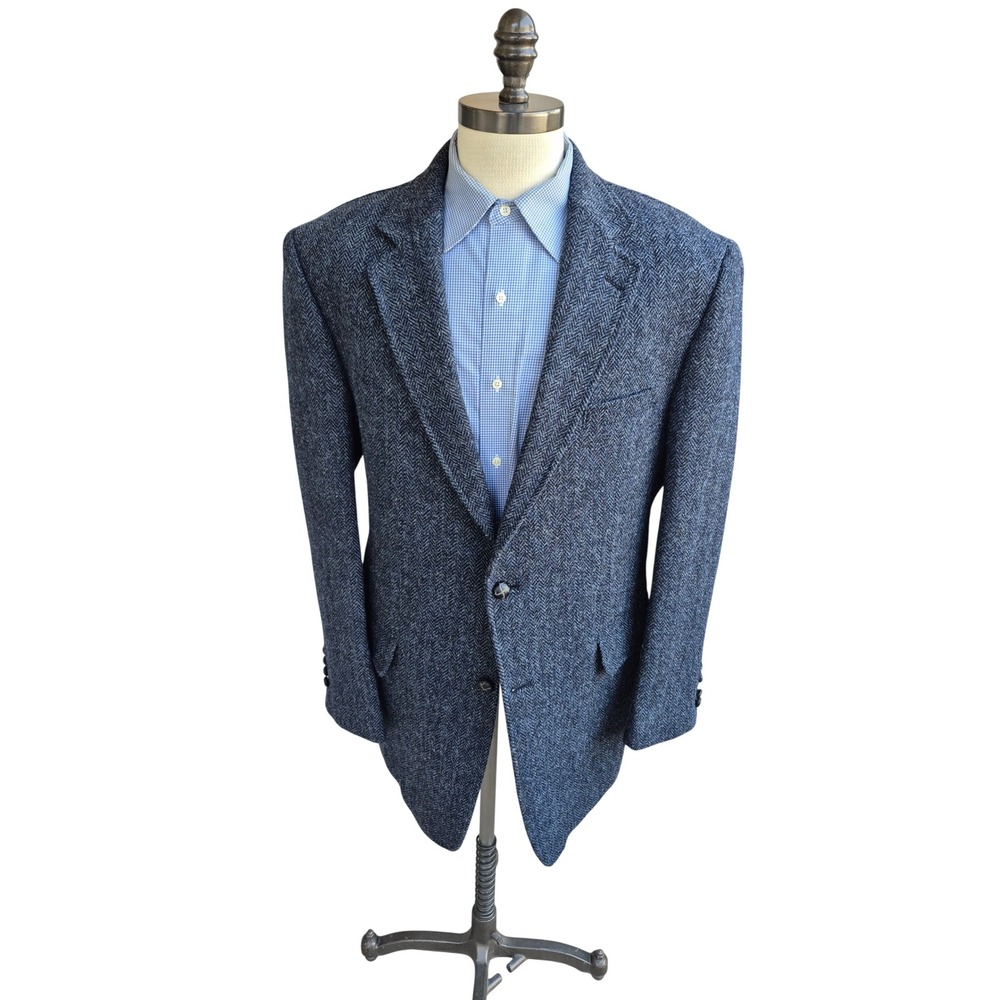 Jos A Bank x Harris Tweed Grey Blue Herringbone Wool Blazer Sport Coat Sz 44 L